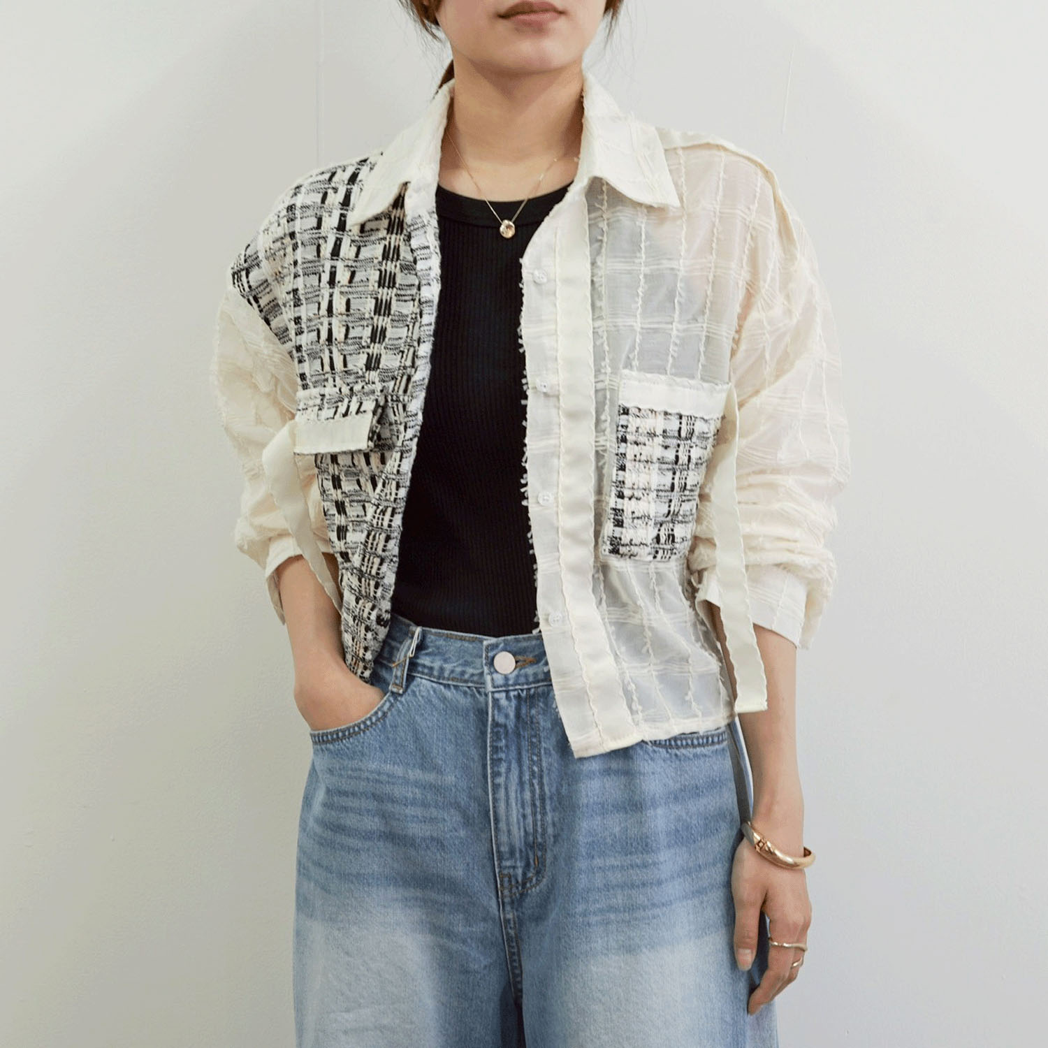 SEVEN SENSE  アシメツイードデザインシアーシャツ