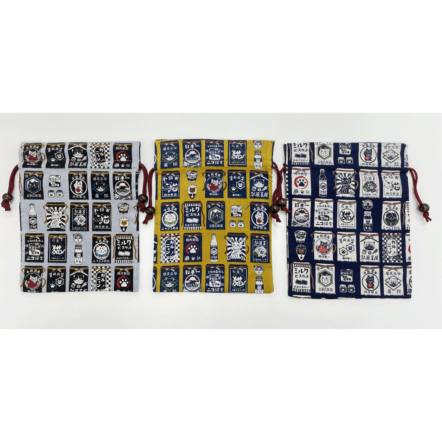 【12グレー・74紺 在庫限りで製造終了】平巾着 ねこ前かけ - 画像1