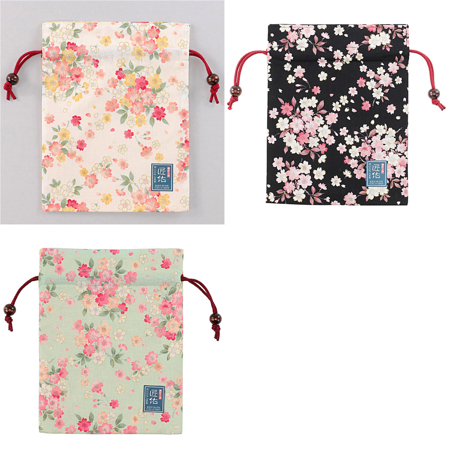 【61緑 在庫限りで終了】平巾着 彩り桜 - 画像1