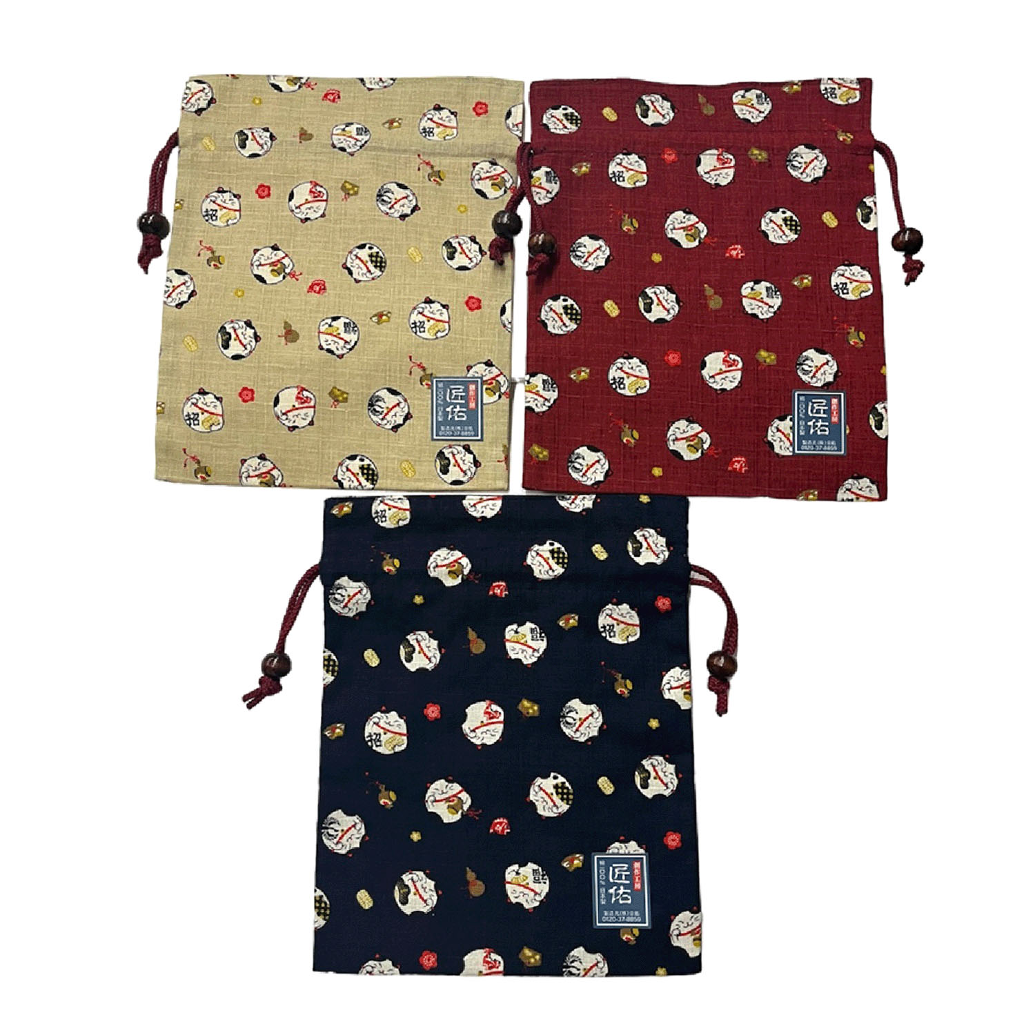 【21番ベージュ在庫限りで終了】平巾着 福丸ねこ