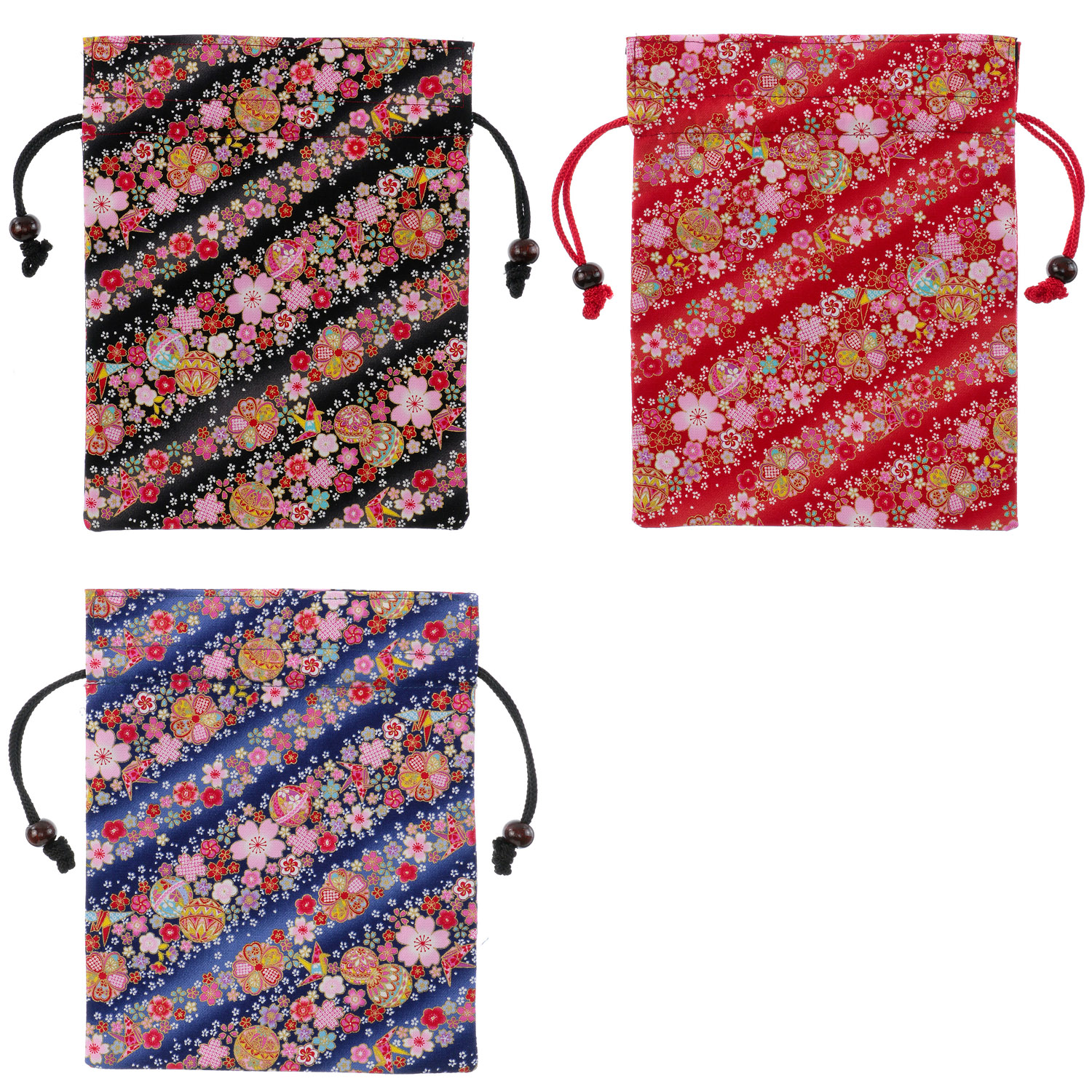 友禅花てまり 木玉付平巾着