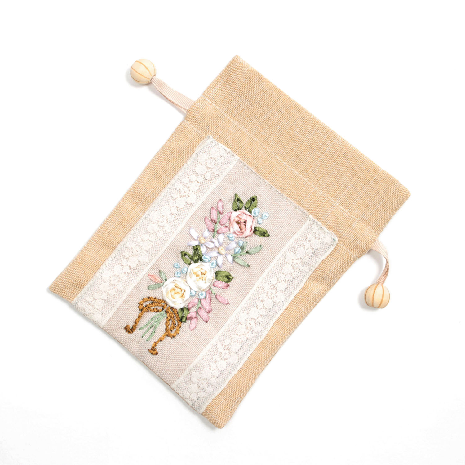 リボン刺繍 ベージュ 巾着M - 画像3