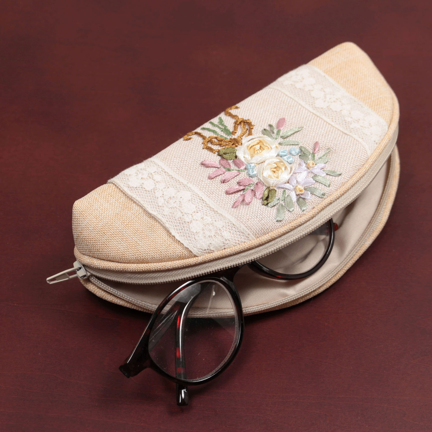 リボン刺繍 ベージュ 眼鏡ケース - 画像5