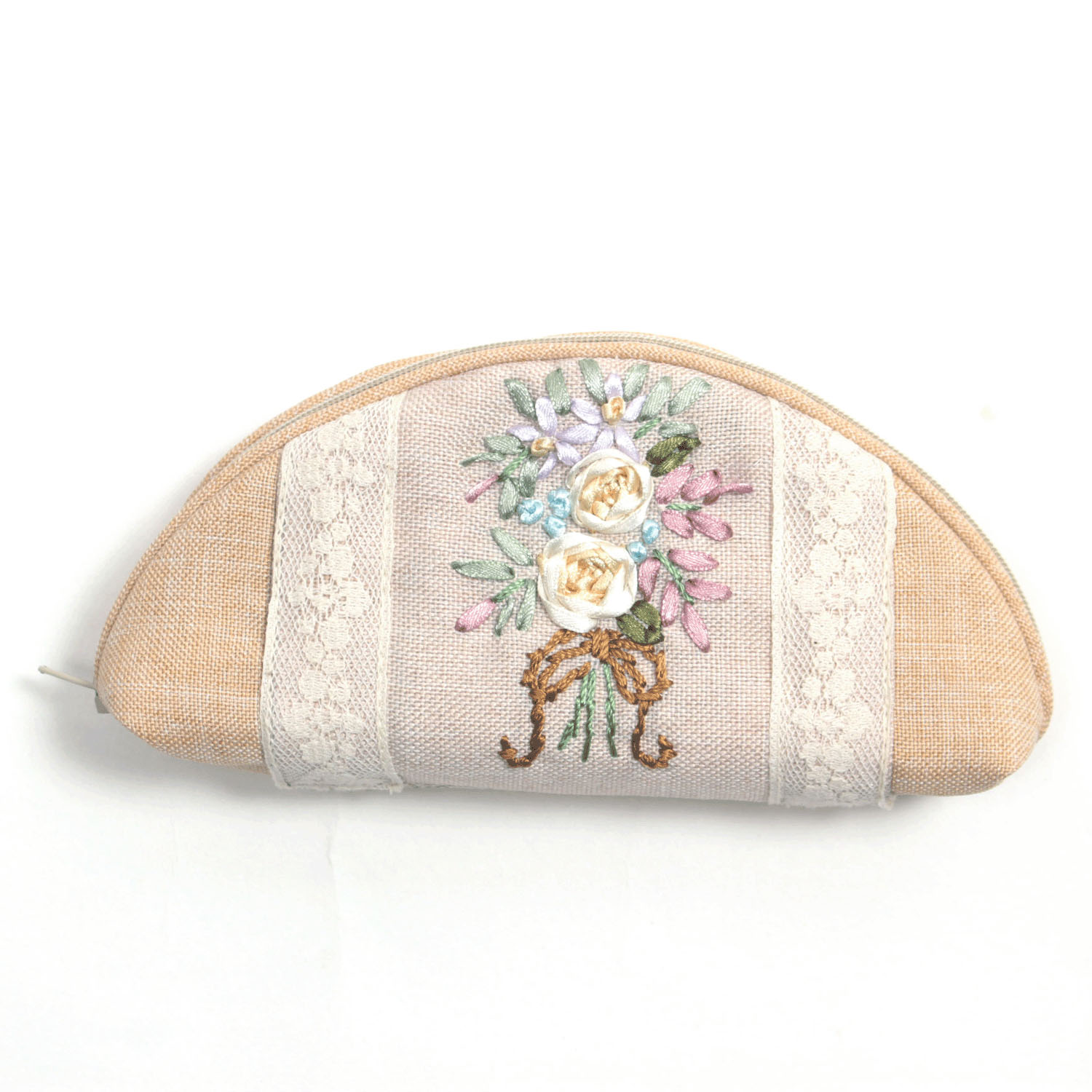 リボン刺繍 ベージュ 眼鏡ケース - 画像1