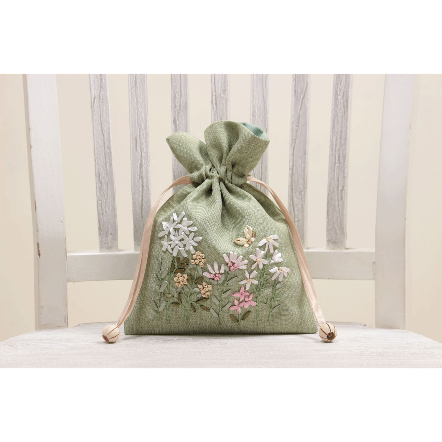 リボン刺繍 グリーン 巾着 - 画像4