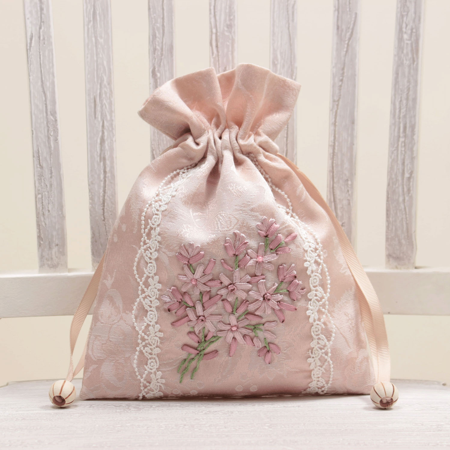 リボン刺繍 ピンク 巾着 - 画像5