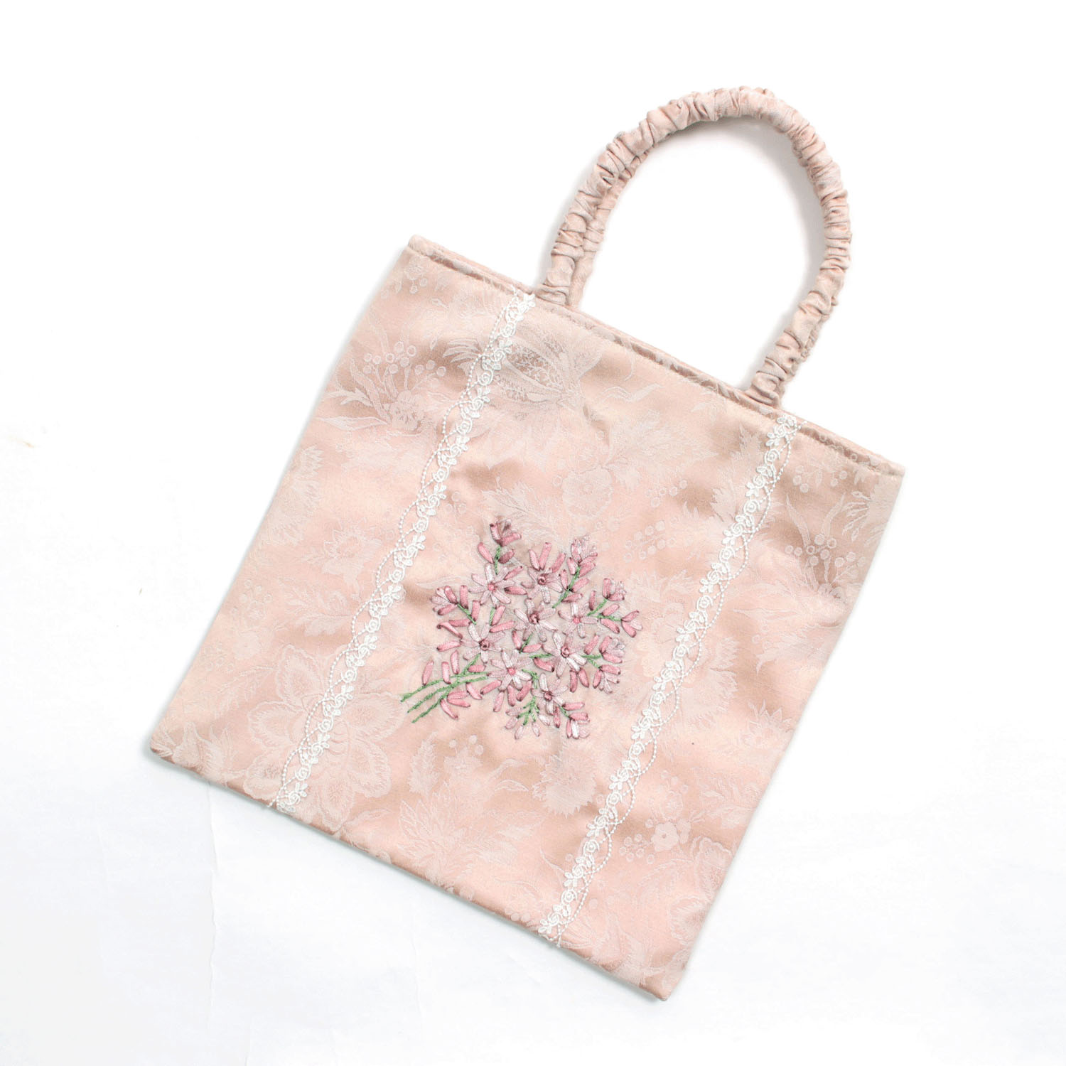 リボン刺繍 ピンク スクエアバッグ - 画像1