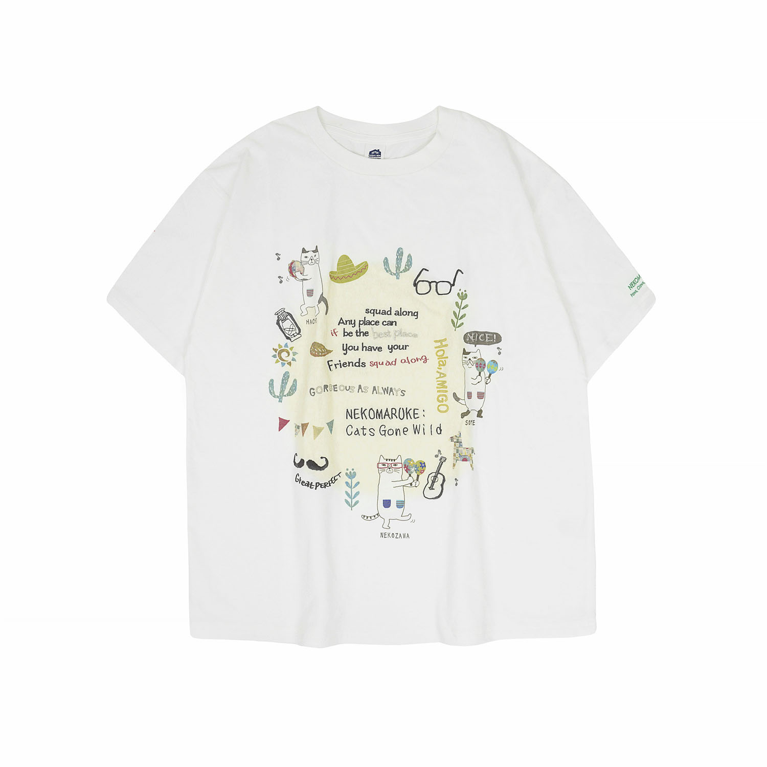 接触冷感 オフホワイトTシャツ ネコまるけ柄 - 画像1