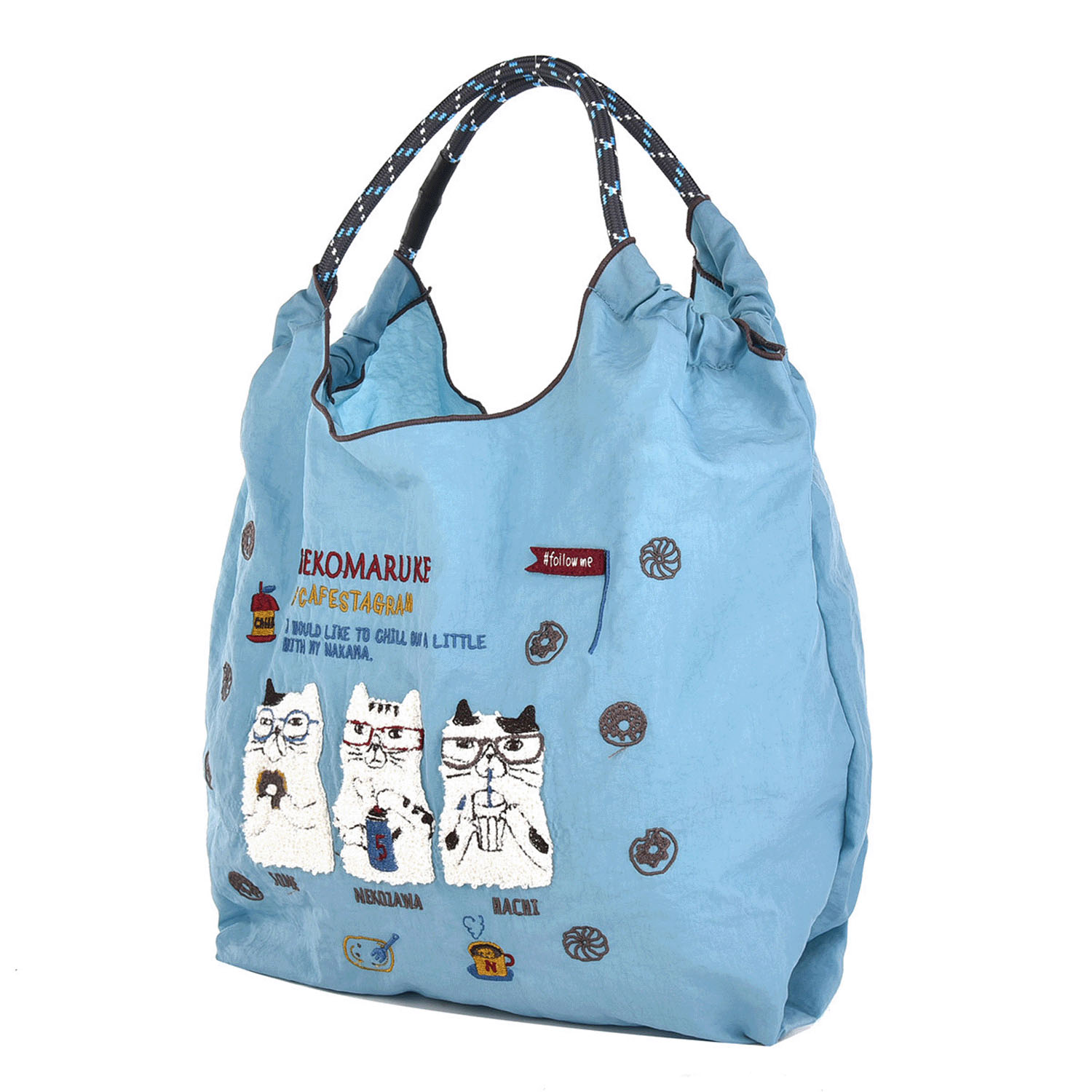 撥水加工刺繍ワッシャーバッグ M ネコまるけ柄 - 画像11