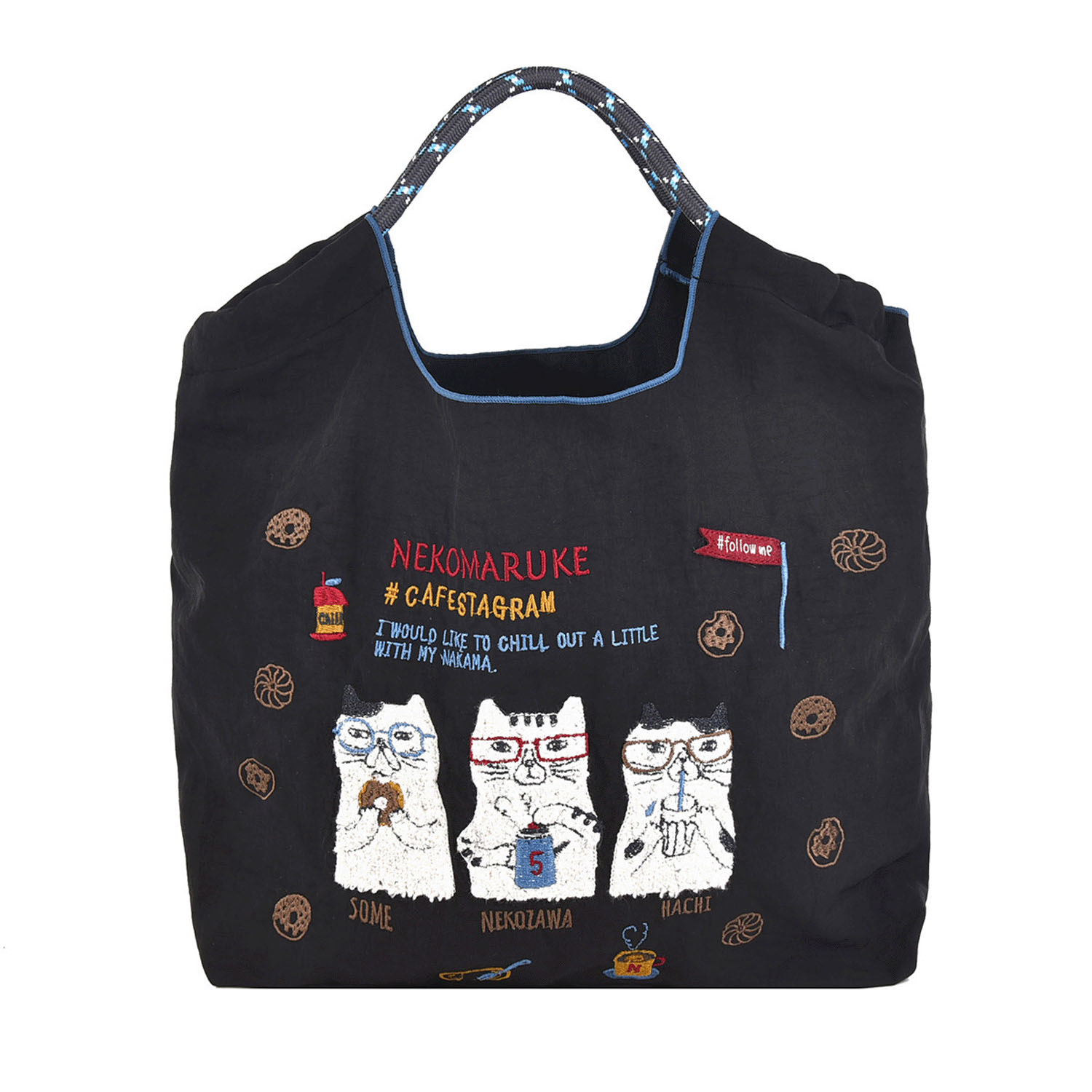 撥水加工刺繍ワッシャーバッグ M ネコまるけ柄 - 画像1