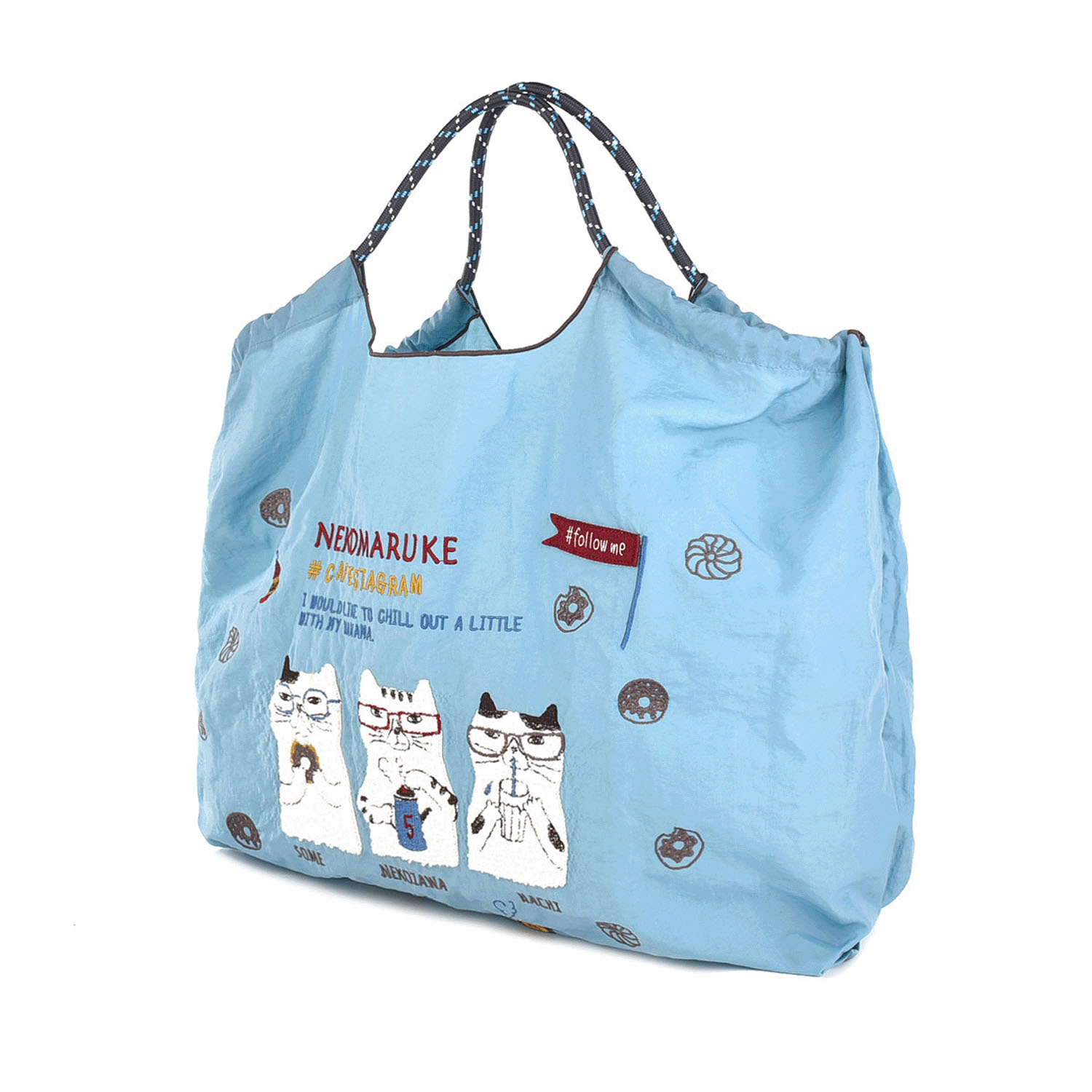 撥水加工刺繍ワッシャーバッグ L ネコまるけ柄 - 画像14