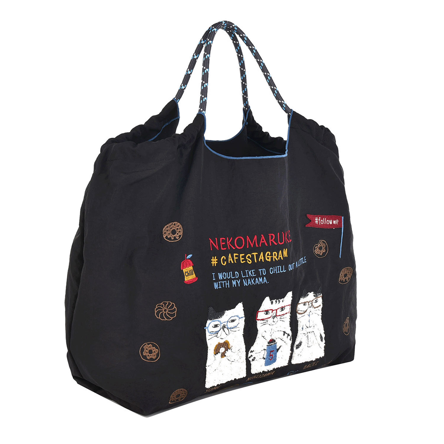 撥水加工刺繍ワッシャーバッグ L ネコまるけ柄 - 画像3