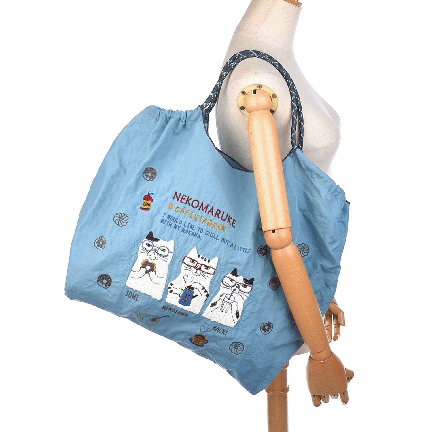 撥水加工刺繍ワッシャーバッグ L ネコまるけ柄 - 画像23