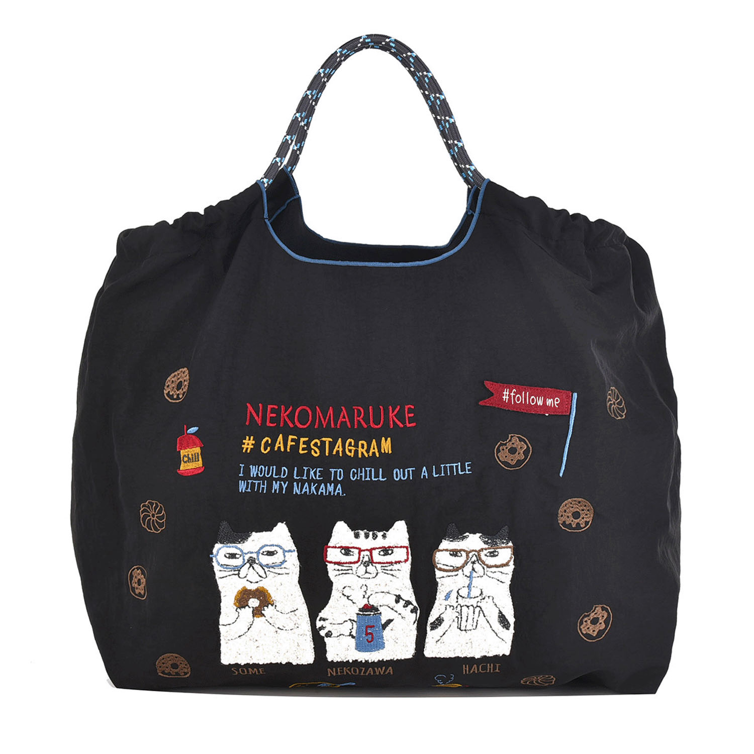 撥水加工刺繍ワッシャーバッグ L ネコまるけ柄