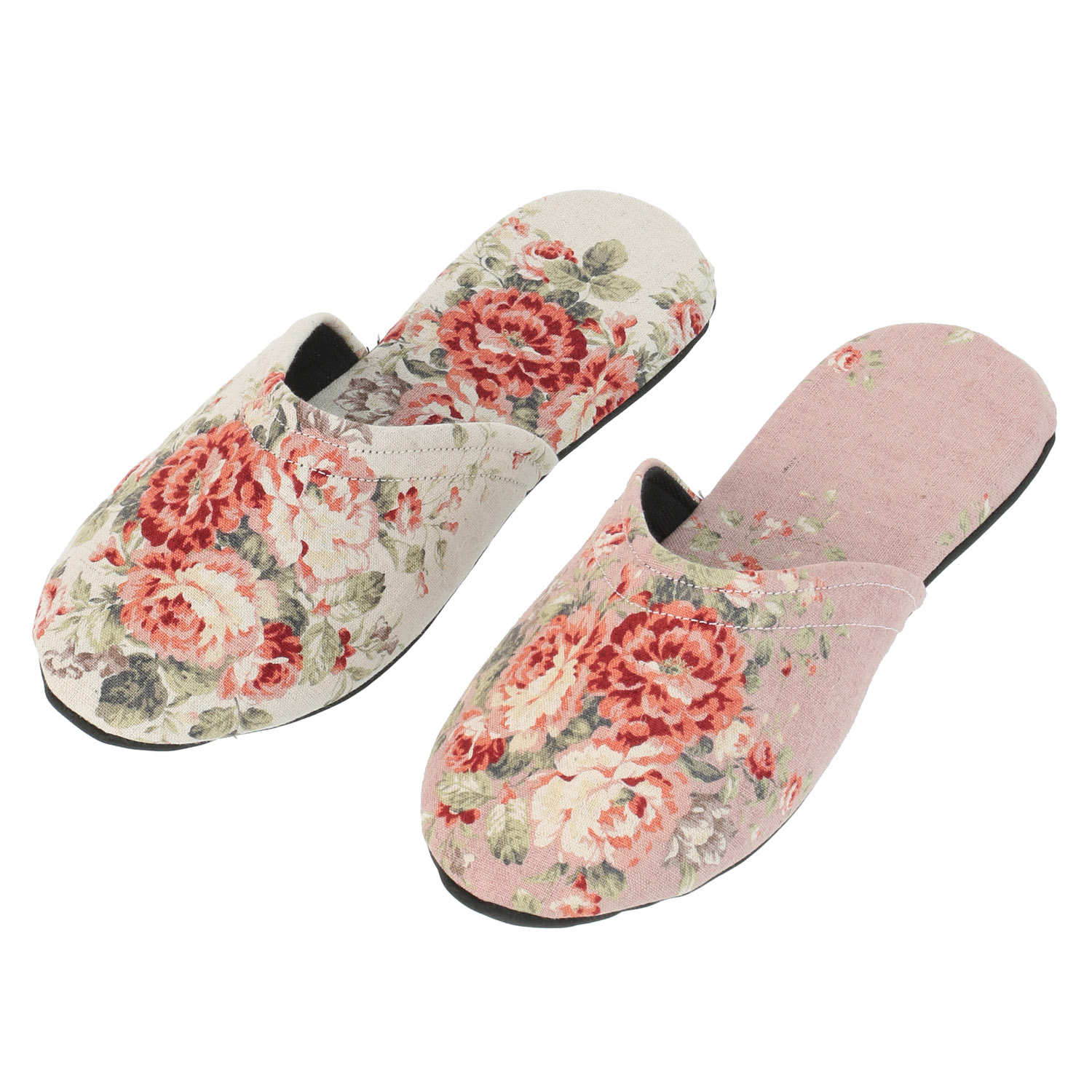 麻混花柄スリッパ