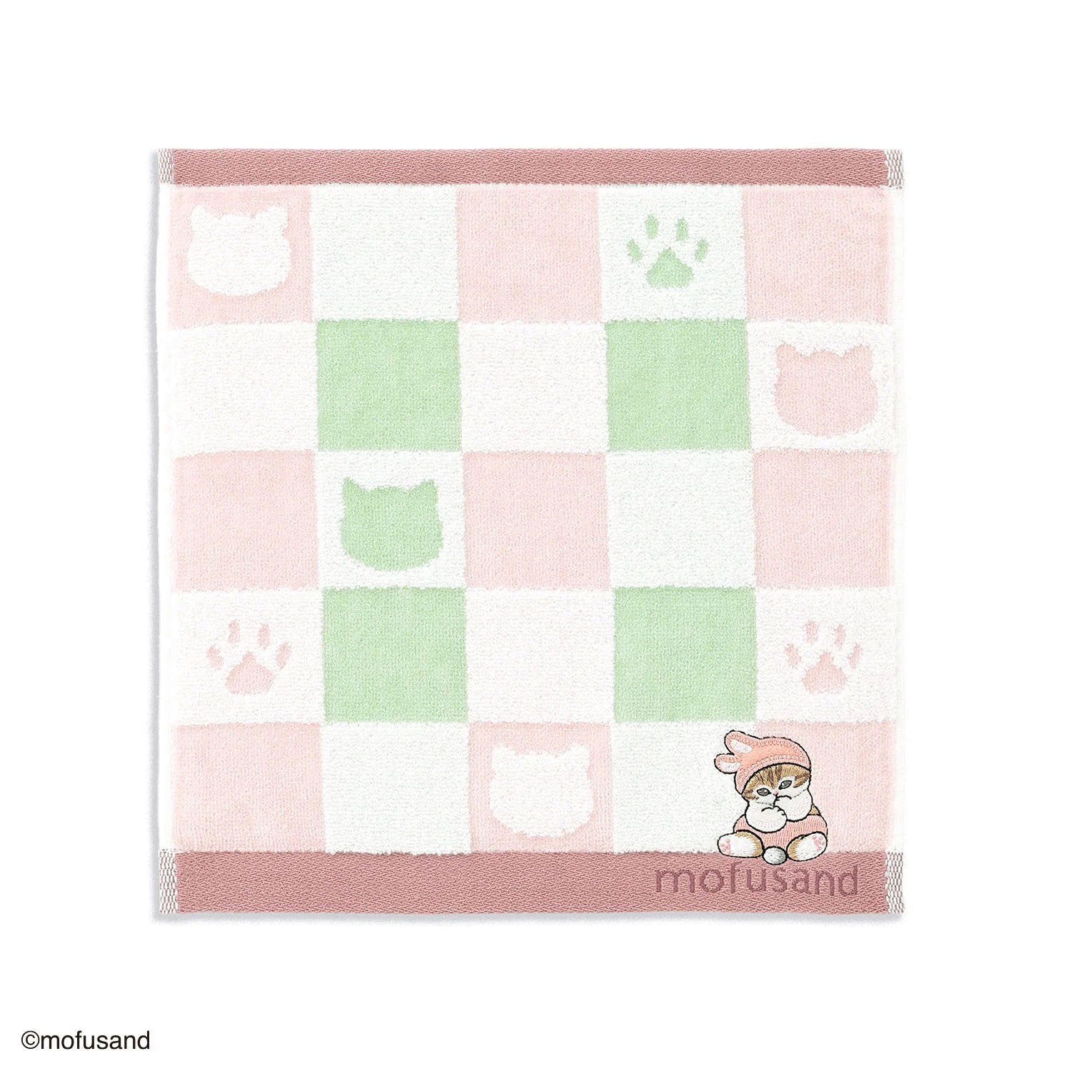 モフサンド おすわりにゃん タオルハンカチ ピンク