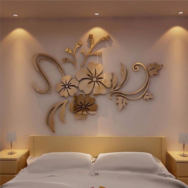 3Dミラー 花のアート リムーバブル壁ステッカー ウォールステッカーアクリル壁画デコレーションホームルームインテリアアクリルミラー装飾的なステッカー2018ホット  | バリエーション:ゴールド