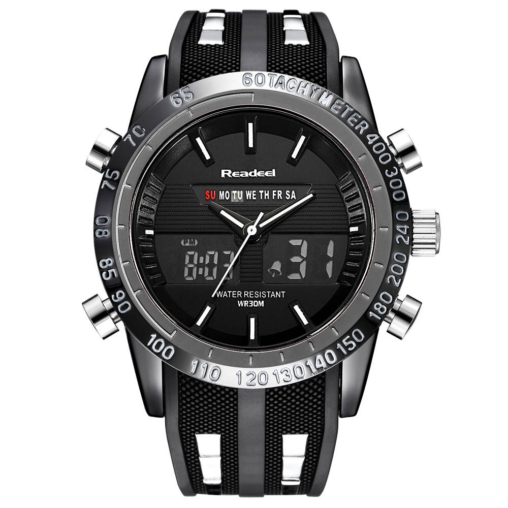 メンズ スポーツ 腕時計 生活防水 LED デジタル アナログ 両用 クォーツ  ミリタリー腕時計 デジアナ時計 | ブラック