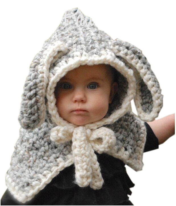 子供用 うさ耳ケープ 暖かい うさぎ もこもこ 帽子 ニット帽 ケーブル編み 兎 あかちゃん 幼児 | グレー