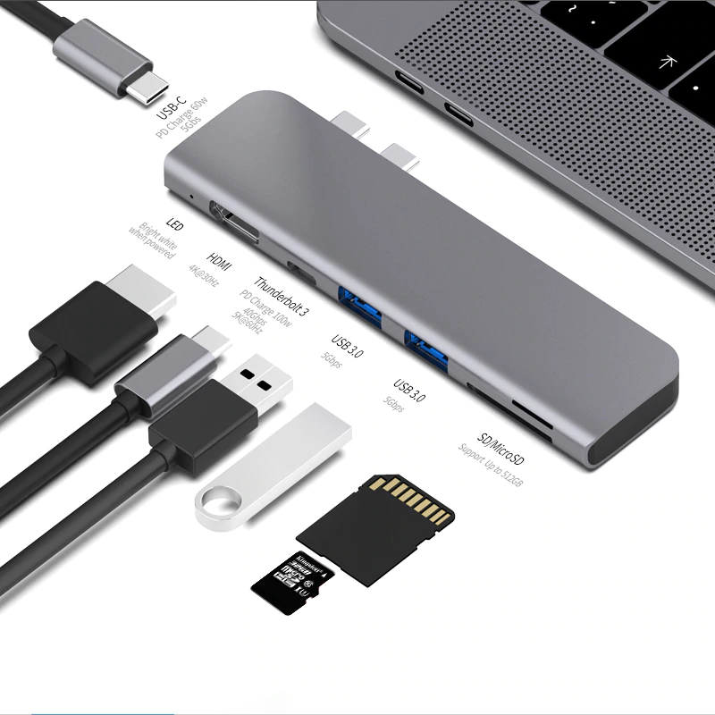 macbook USB C ハブ タイプ C ハブ Type-C HUB 高速データ USB3.0X2ポート Type C拡張 アルミニ合金ハブ マルチポート搭載 USB3.0高速ハブ アダプター USB コンパクト 薄型 軽便アダプター SD カード / Microカードリーダー付き | グレー