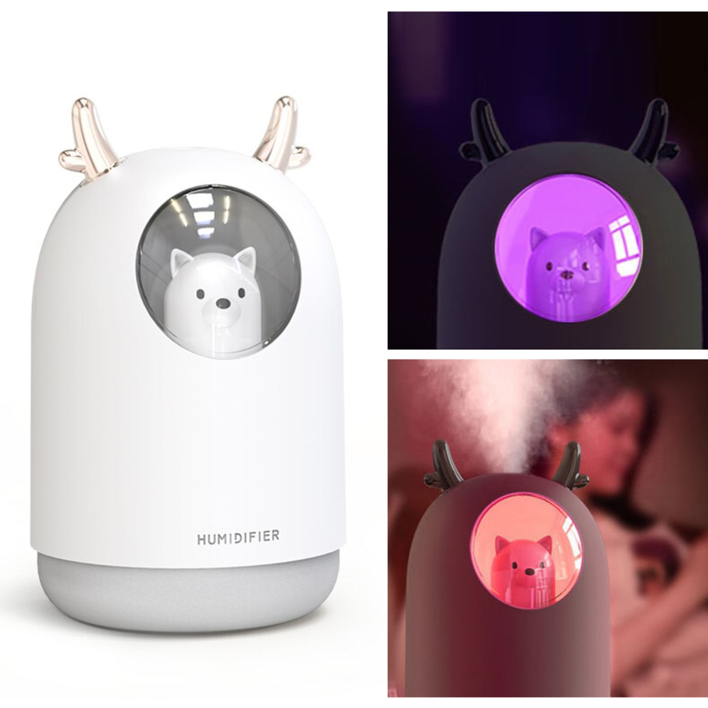 加湿器 300ml USB かわいい コンパクト ミスト 動物 鹿 犬 韓国  アロマ オイルディフューザー ロマンティックカラー LEDランプ  | 白(フィルター付)