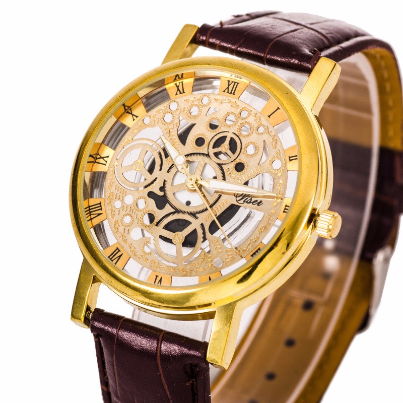 ファッションスケルトンクォーツ時計　メンズ透明中空時計　Reloj Hombreブランド男性時計　マンレザードレス腕時計 | ブラウンゴールド