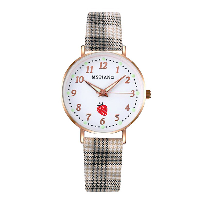 腕時計 レディース チェック柄 いちご かわいい オシャレ ファッション時計 女性 アナログ | A-1F1(ベージュ)