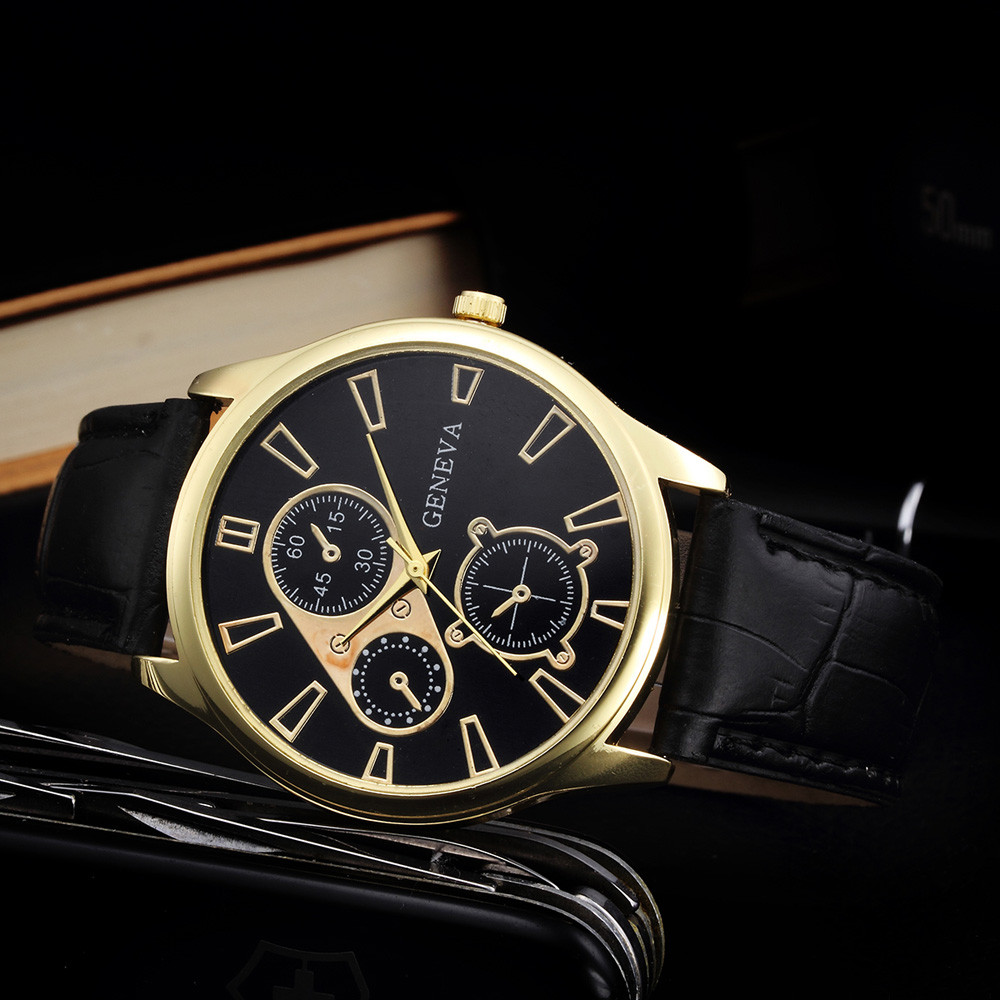 腕時計 ビジネス メンズ レザーストラップ ファッション ウォッチ ギフト プレゼント 男性 ジュネーブ時計 | 黒