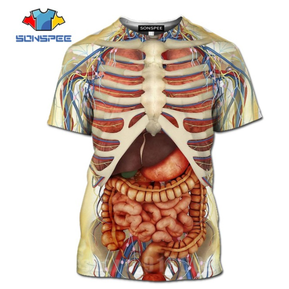 3Dプリント 男性 スケルトン内臓Tシャツ 人体模型Tシャツ おもしろTシャツ ネタ メンズ ファッション 半袖 | 骨あり-M