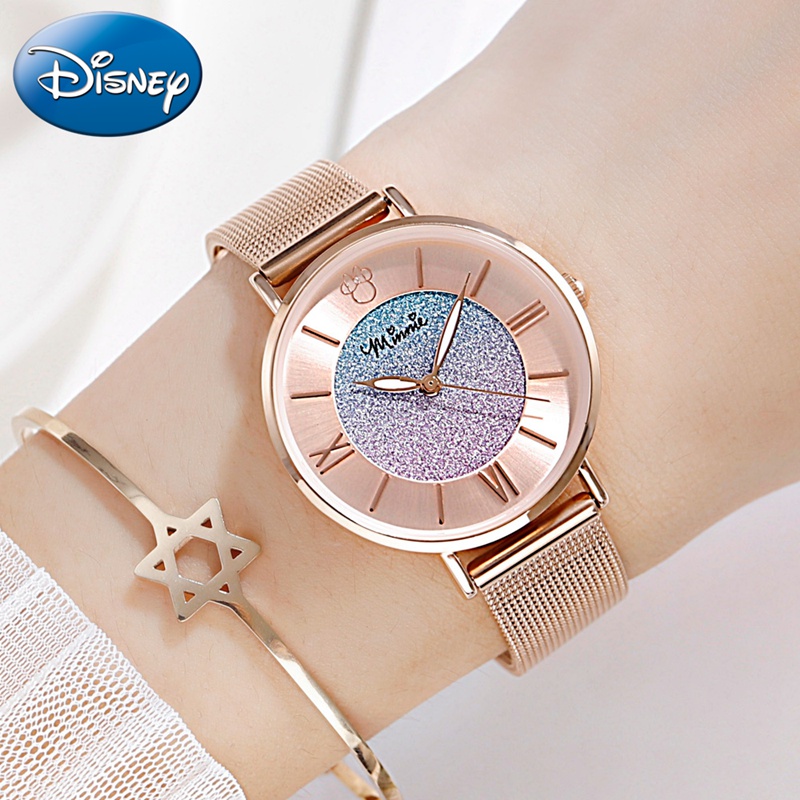 レディース 腕時計 ミニーマウス カラフルな星空 ステンレス鋼 クォーツ 生活防水 高級 ディズニー 超薄型 | ローズゴールド