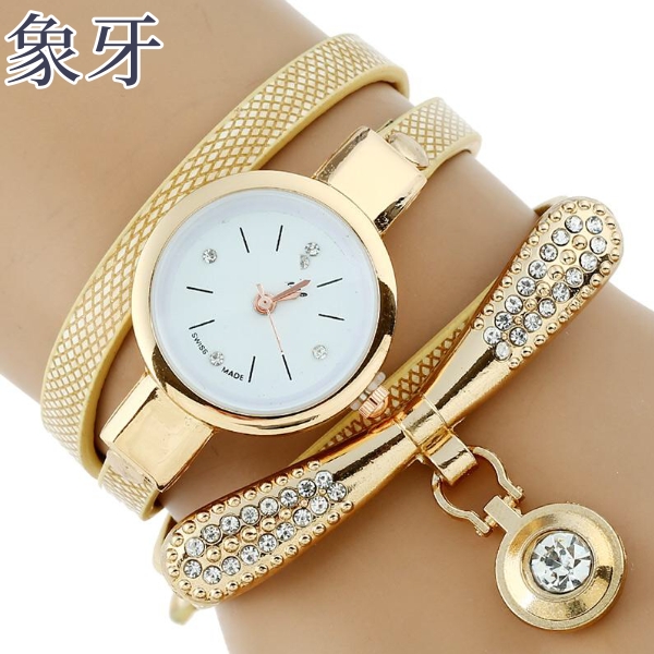 Gnovaプラチナファッション高級ブランド ラインストーン ゴールドブレスレットウォッチ レザーレディースクォーツカジュアル腕時計  | 象牙