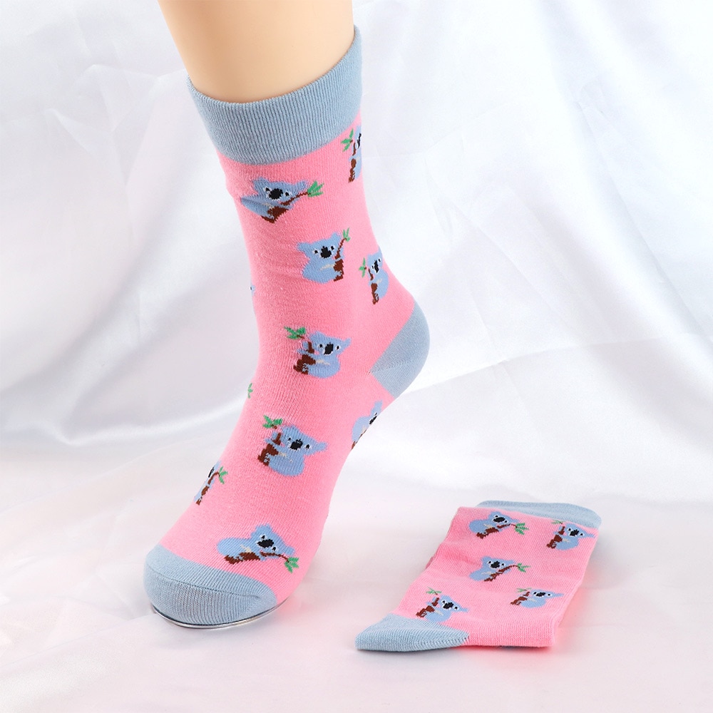 1ペア ファッションソックス かわいいペンギン コアラ アニマルプリント 女性 コットン 秋冬 通気性 暖かい靴下|靴下|  | ピンク