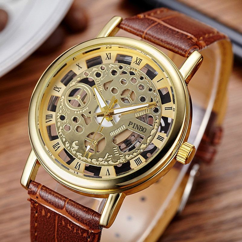 高級ファッション カジュアルレザー メンズスケルトン 腕時計 ドレス腕時計 | ブロンズ・ベルト茶色