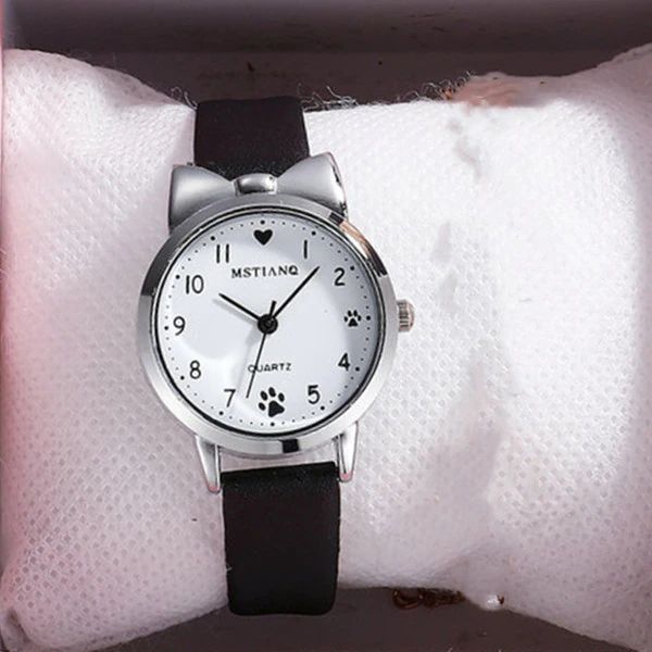 カジュアル腕時計 女の子の時計 かわいいレザーストラップウォッチ ラブリークォーツ 学生時計ギフト|子供  | 黒