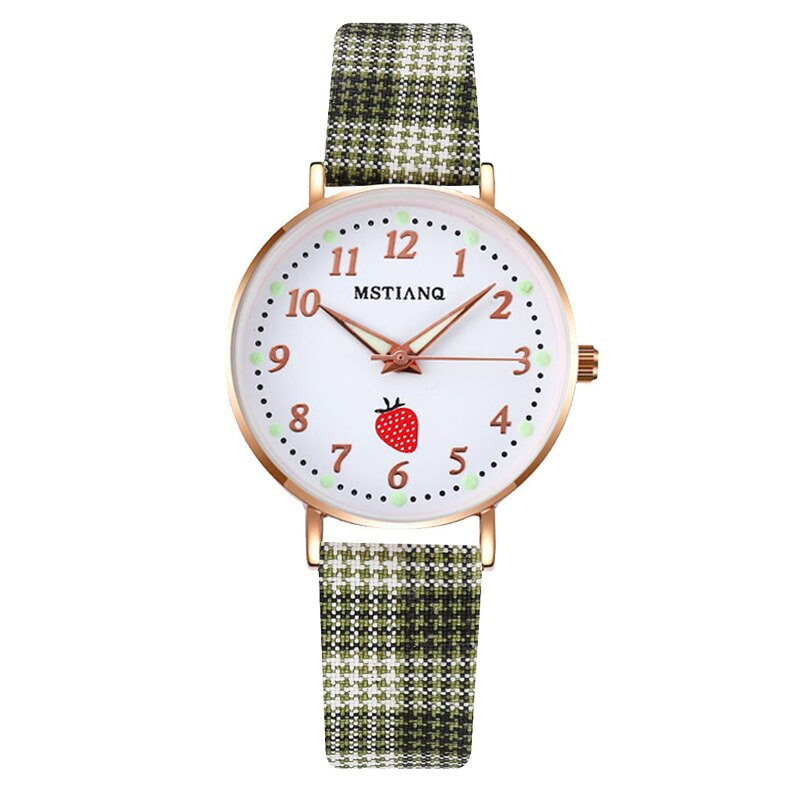 腕時計 レディース チェック柄 いちご かわいい オシャレ ファッション時計 女性 アナログ | A-1F4(グリーン)