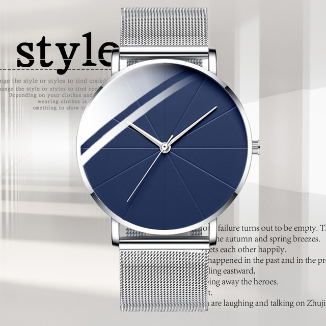 男性 ファッション シンプルな男性ビジネス時計 超薄型 ステンレス鋼 メッシュベルト クォーツ時計 | シルバーブルー