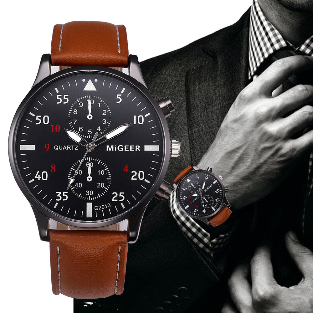 MIGEER 腕時計 2020 メンズ ファッション カジュアル ウォッチ 高級 レザー ビジネス | バンドブラウン×盤面黒