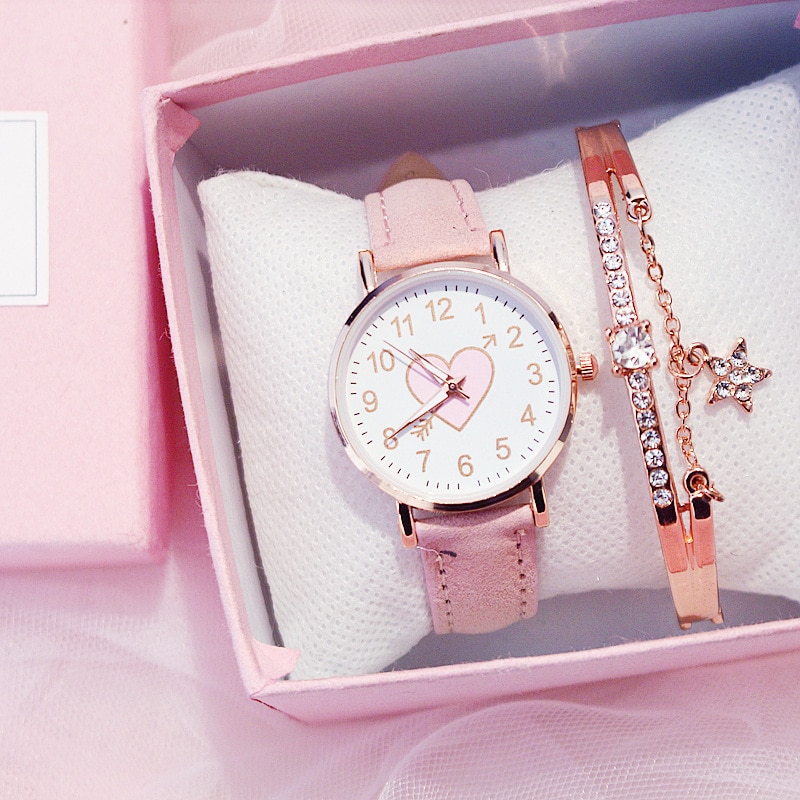 女の子 腕時計 ハート型 かわいいブレスレット付き 学生 ギフト 誕生日 クリスマスプレゼント | ピンク箱なしセット