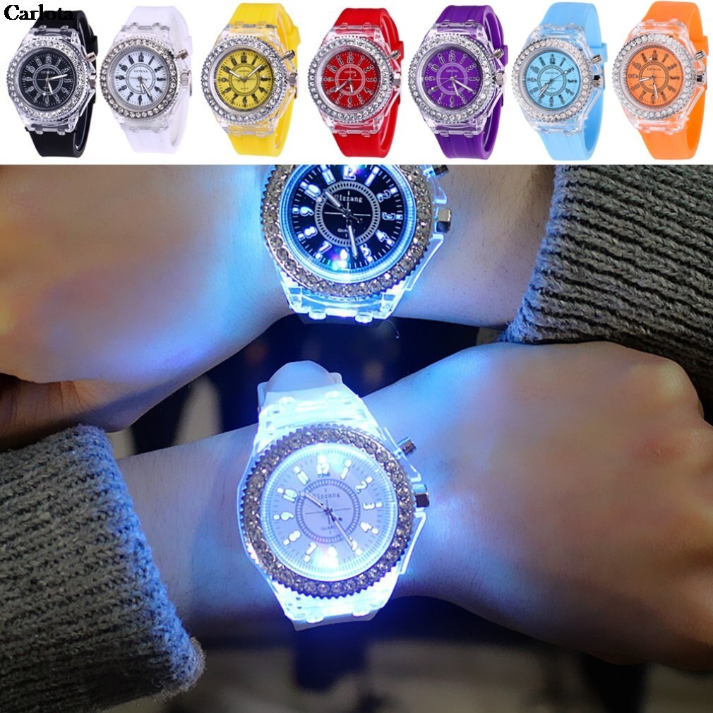 カラフルなラインストーン腕時計 LED ルミナス スポーツウォッチ 女性 クォーツ時計 レディース キャンディ シリコン ナイトライト | ブラック