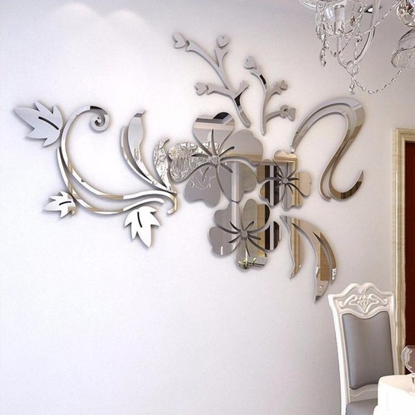 3Dミラー 花のアート リムーバブル壁ステッカー ウォールステッカーアクリル壁画デコレーションホームルームインテリアアクリルミラー装飾的なス | バリエーション:銀