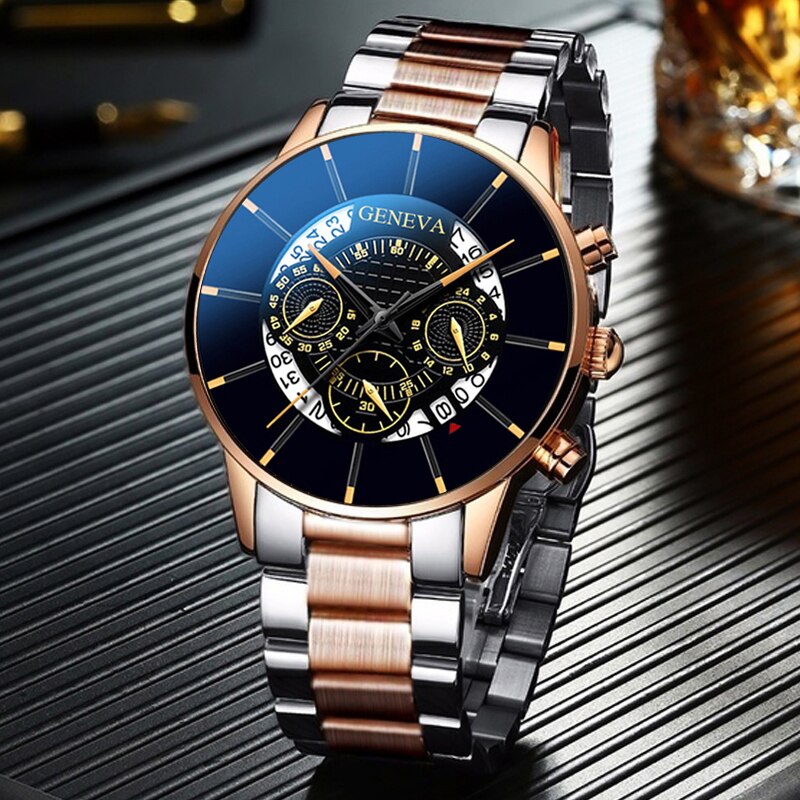 だま屋 / 男性 ステンレス鋼 高級時計 カレンダー クォーツ時計 メンズ 腕時計 父の日 ギフト | ゴールドブラック