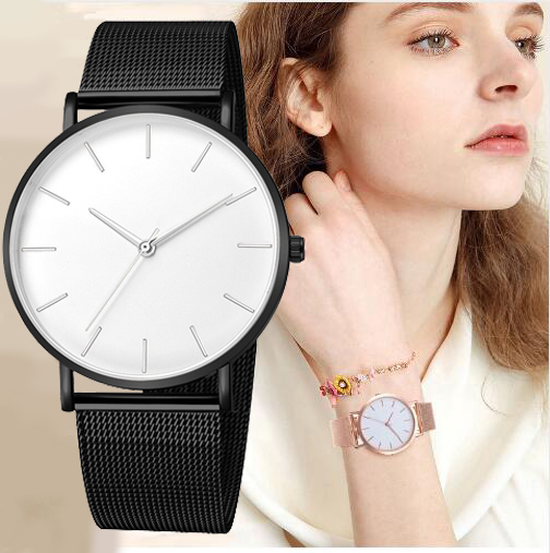 男性女性ファッション ステンレススチールストラップ アナログクォーツ腕時計 高級シンプルなスタイルのデザイン ブレスレット時計 女性時計 | 白黒