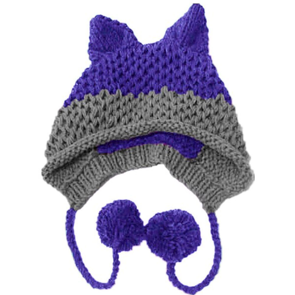 かわいい キツネ耳 ニット帽 暖かい 秋 冬 ビーニー帽 猫耳 ポンポン付き 大人用 | パープルグレー