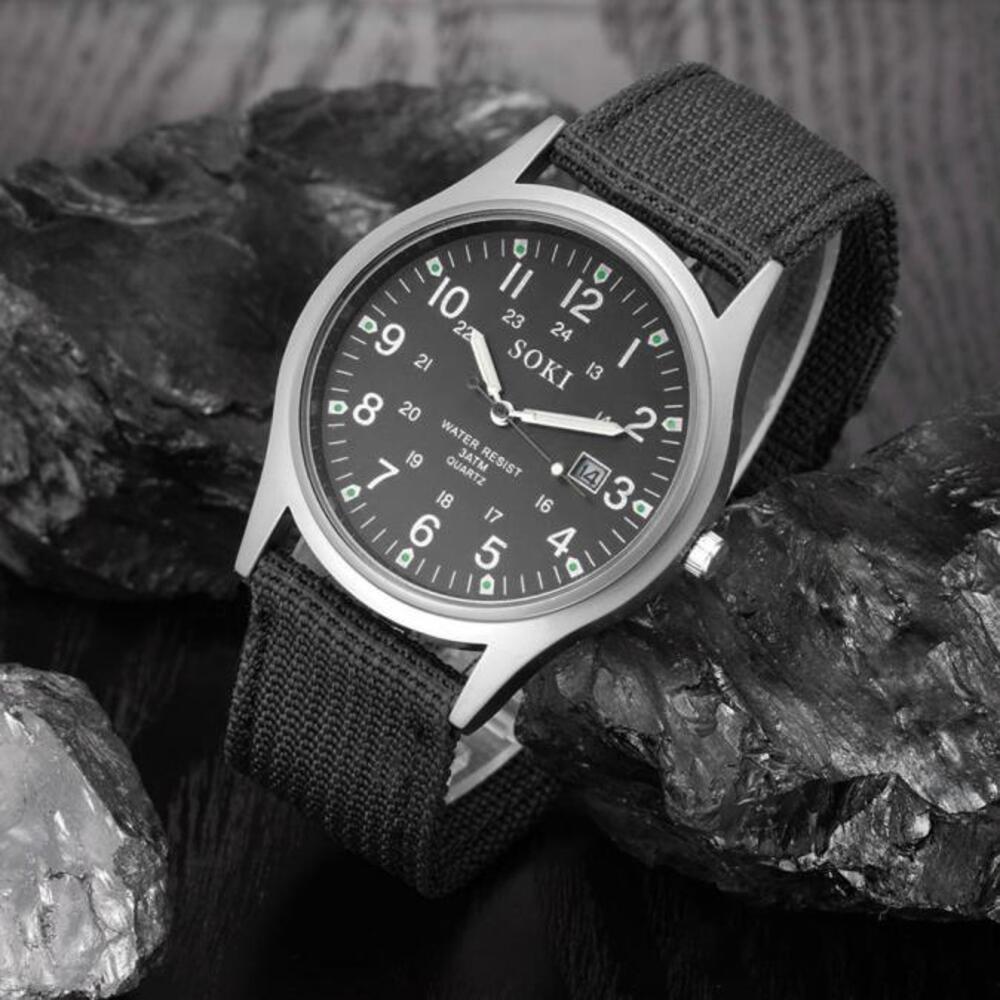 メンズ ミリタリーキャンバスバンド ステンレススチール スポーツクォーツ腕時計 カジュアル時計 | ブラック