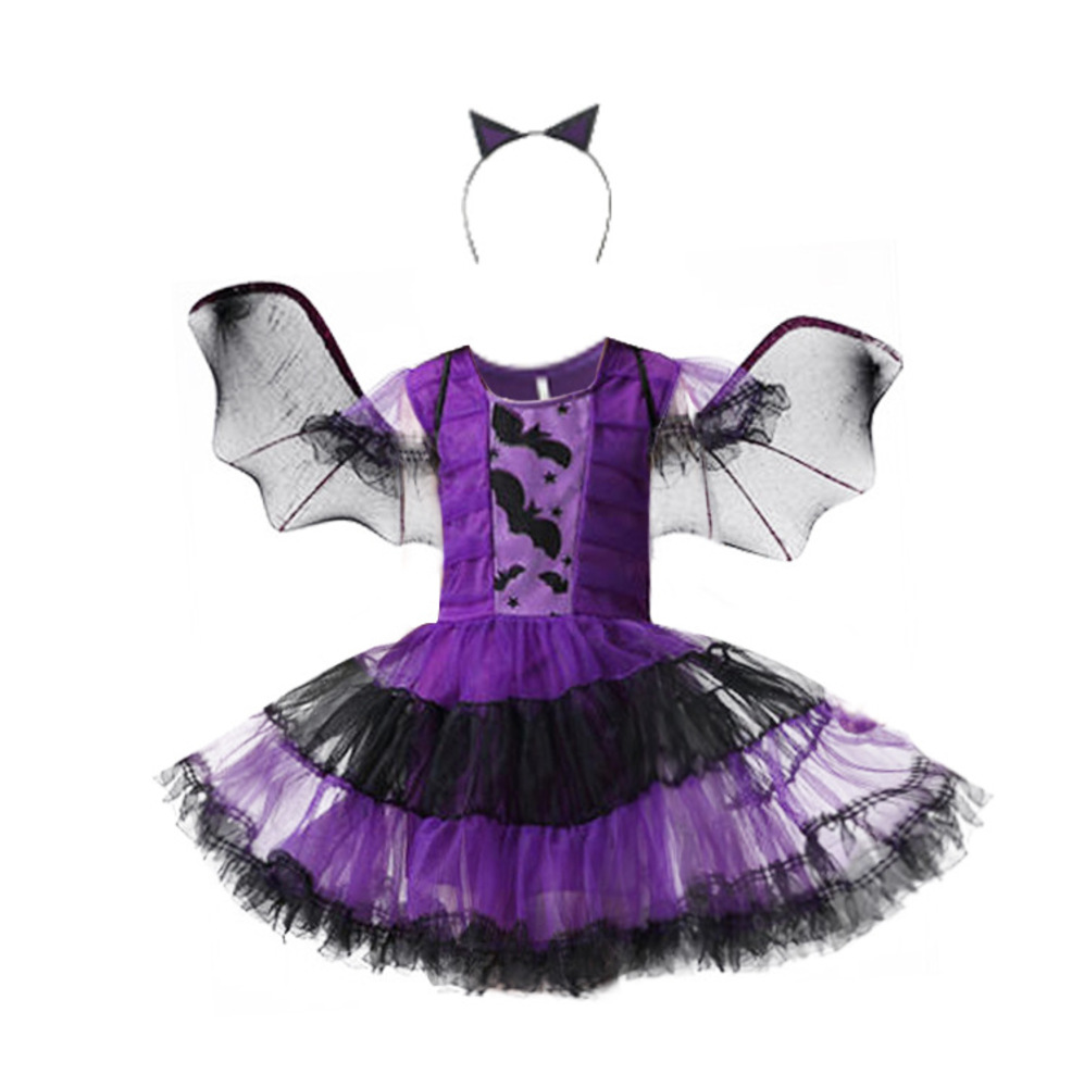 ハロウィン  子供用 バンパイア 吸血鬼 コスプレ 衣装セット 魔女 ドレス カチューシャ 羽根 キッズ 魔法使い 可愛い | コウモリ-130cm