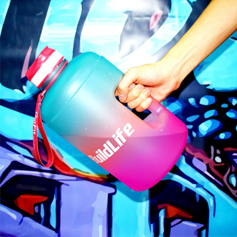 Quifit 水筒 大容量 2.2L おしゃれ ストロー付き ガロンウォーターボトル スポーツ ジム アウトドア 海 夏 | 緑×ピンク