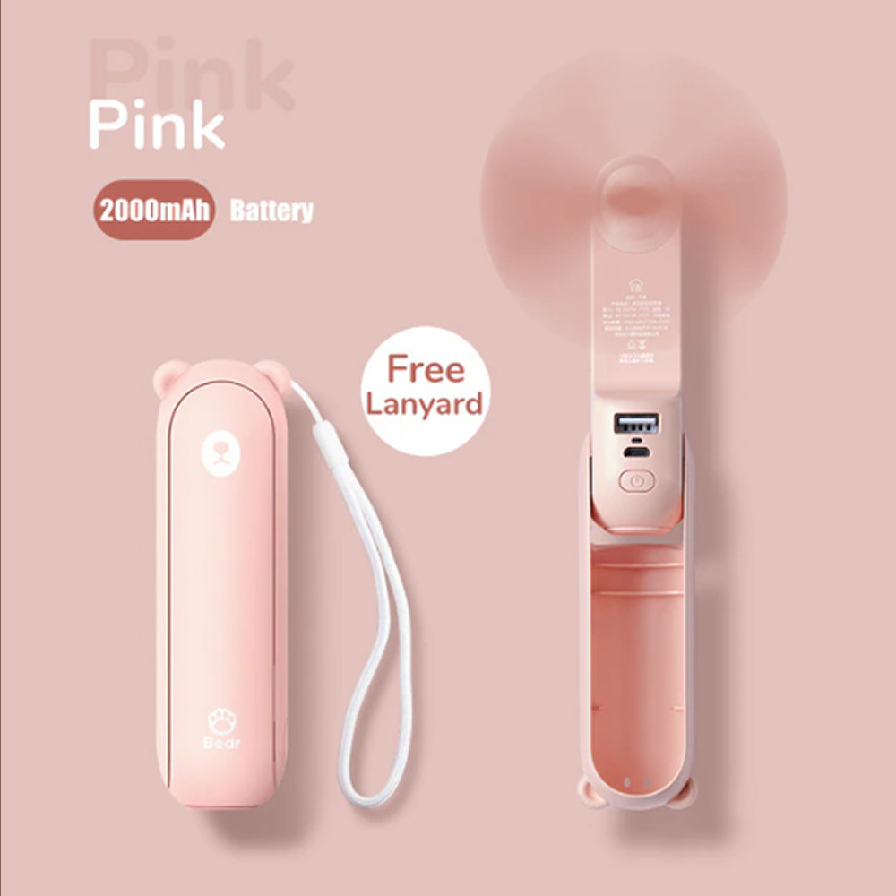 ミニ扇風機 ポータブルハンドファン 携帯扇風機 コンパクト USB充電式 折りたたみ式 ライト付き クマ くま | ピンク