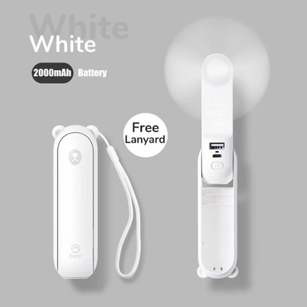 ミニ扇風機 ポータブルハンドファン 携帯扇風機 コンパクト USB充電式 折りたたみ式 ライト付き クマ くま | ホワイト
