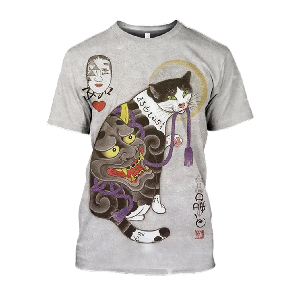 Tシャツ メンズ 半袖 和風 和柄 浮世絵 猫柄 サムライ 夏服 おしゃれ 人気 おもしろ トップス 男女兼用 Mサイズ | 31502