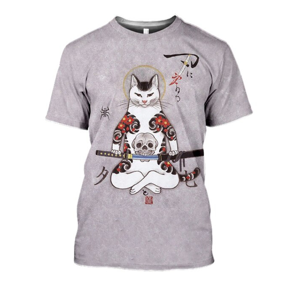 Tシャツ メンズ 半袖 和風 和柄 浮世絵 猫柄 サムライ 夏服 おしゃれ 人気 おもしろ トップス 男女兼用 Mサイズ | 31513